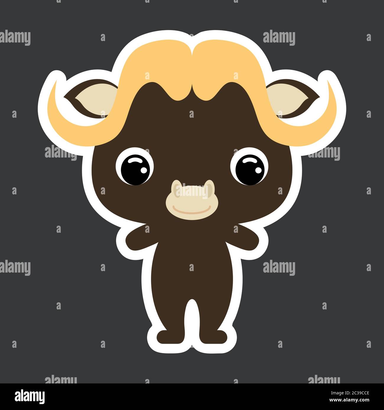 Children's sticker of cute little musk ox. Wild animal. Cartoon character for baby print design, kids wear, baby shower celebration, card. Stock Vector