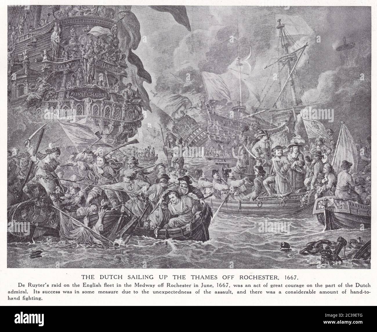 The Dutch sailing up the Thames off Rochester, 1667. Stock Photo
