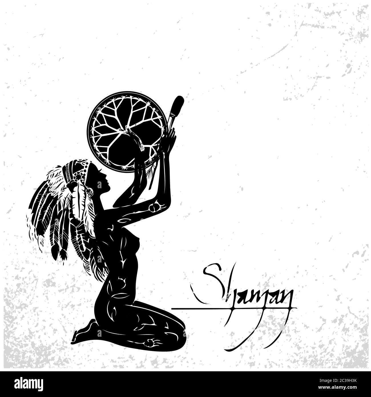 ethnic tribal prehistoric witch woman shaman symbol with a tambourine. Vector black and white illustration. Sketch abstract to Create Distressed Stock Vector
