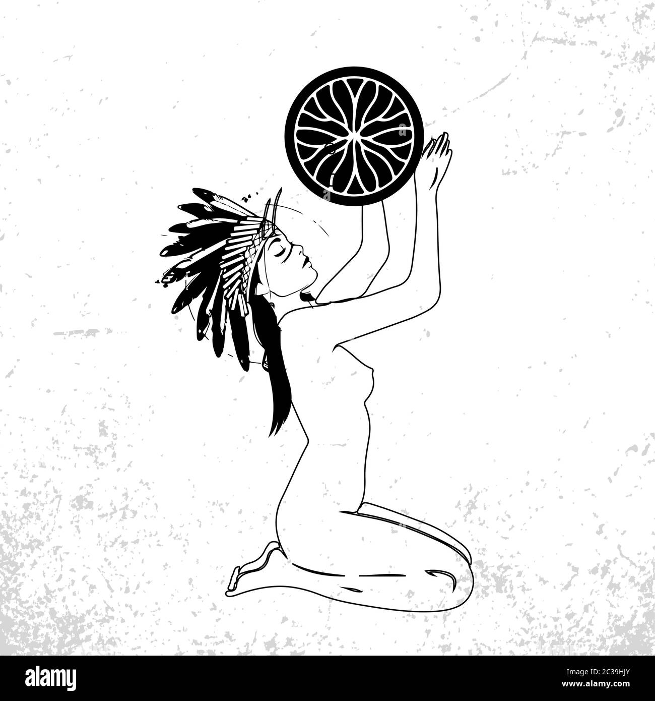 Vector Black and White shaman Woman with a tambourine Illustration. Sketch abstract to Create Distressed Effect. Stock Vector