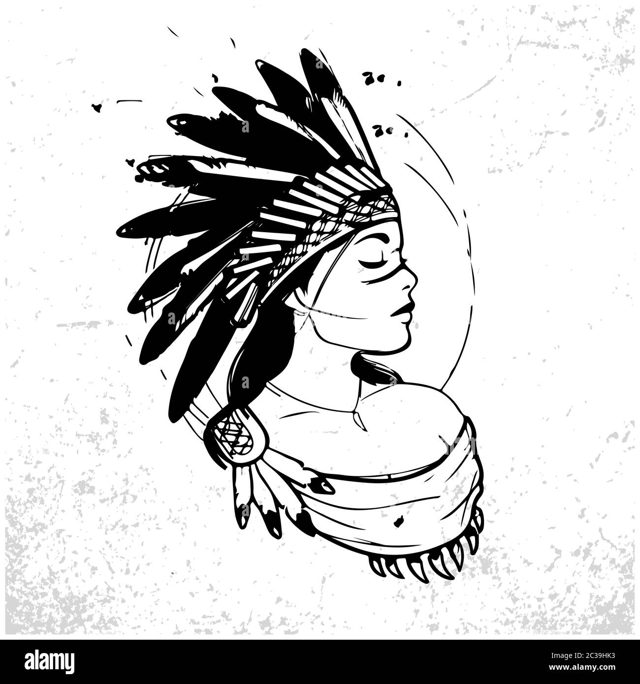 Young woman in costume of American Indian. Silhouette of beautiful Indian women. Sketch abstract to Create Distressed Effect. Stock Vector