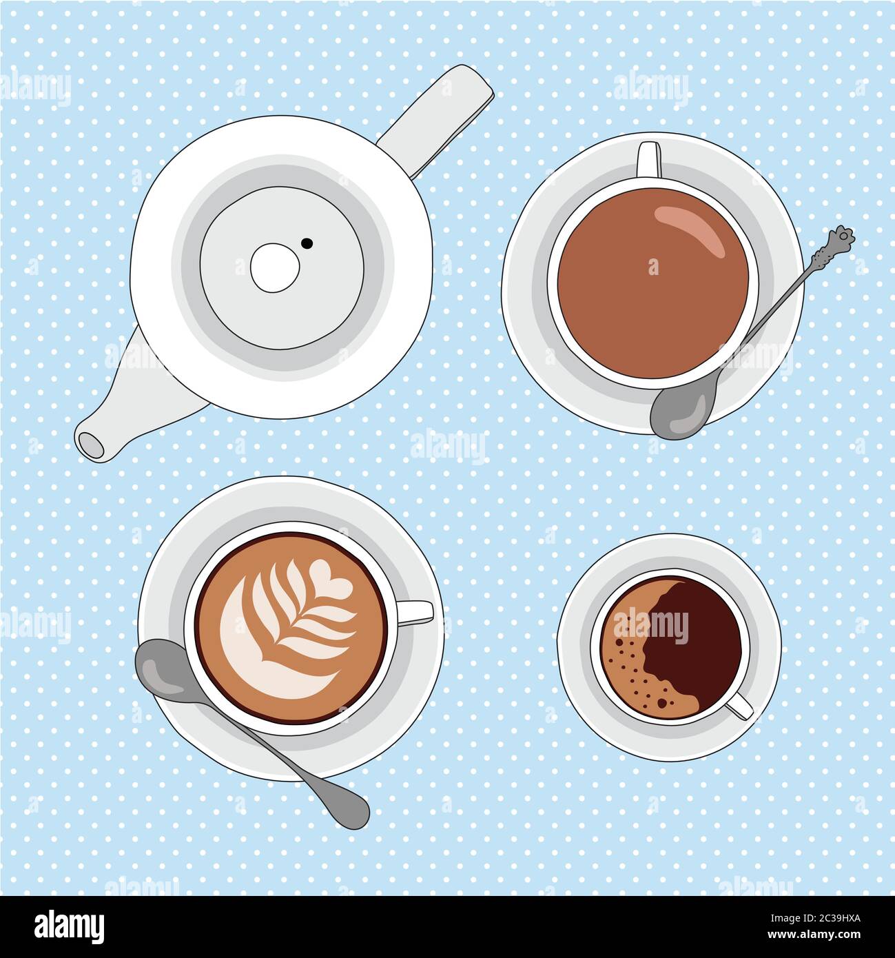 Vector illustration with tea and coffee cups, and tea pot Stock Vector