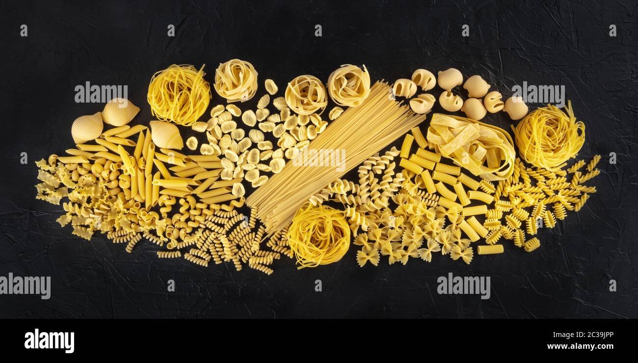 Italian pasta panorama, a flat lay of a variety of pasta kinds ...