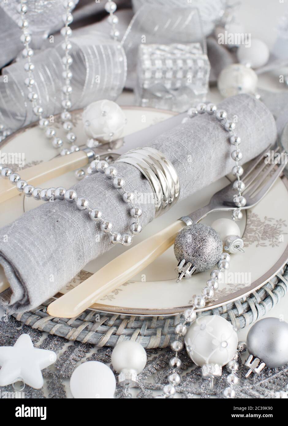 Silver Christmas Table Setting with christmas decorations Stock Photo ...