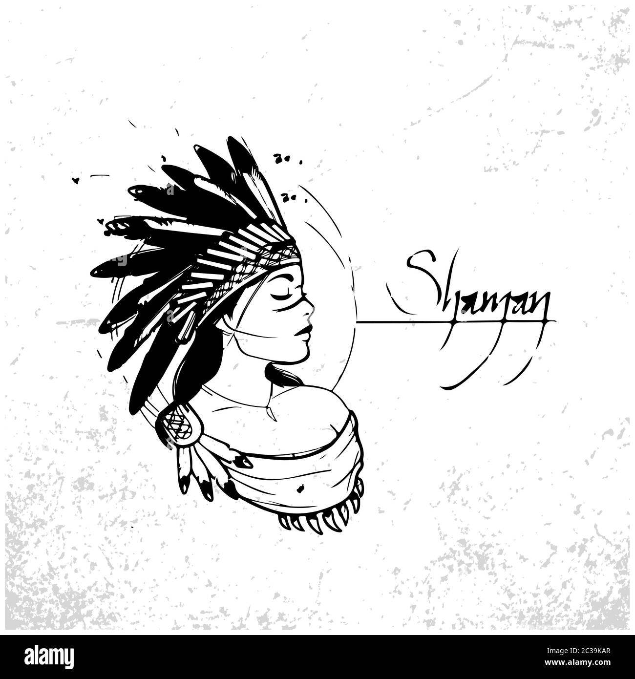 Woman in costume of American Indian. Sketch abstract to Create Distressed Effect. Overlay Distress grain design. Stock Vector