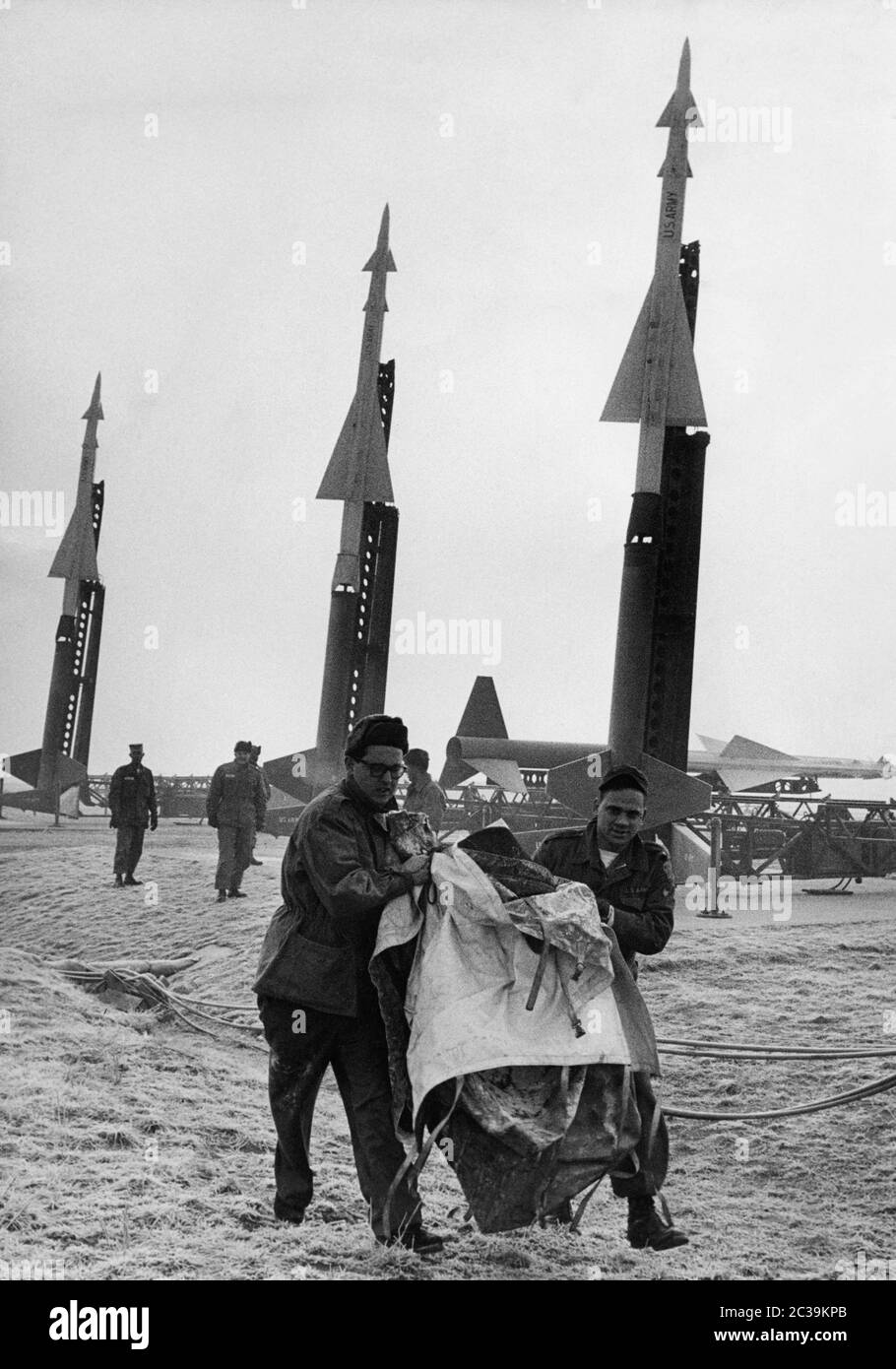 Nike anti-aircraft missiles in Kornwestheim north of Stuttgart. The  missiles were stationed for air defense. Reporter Johannes Leeb (left), who  was allowed to serve in the unit for a few days, together