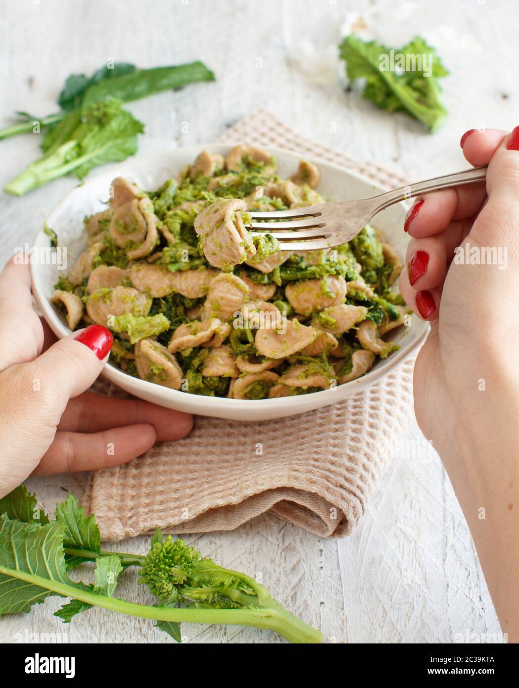 Traditional Apulia region pasta Orecchiette with turnip greens Stock Photo