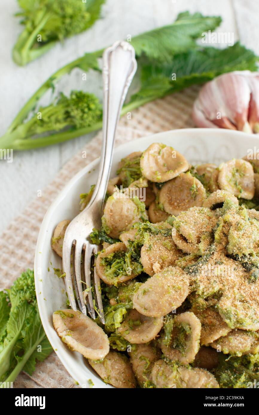 Traditional Apulia region pasta Orecchiette with turnip greens Stock