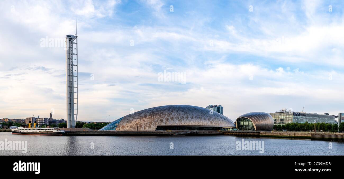 Panorama of Glasgow Science Centre. Tower, SEC, BBC Pacific Quay and the Queen Mary. Stock Photo