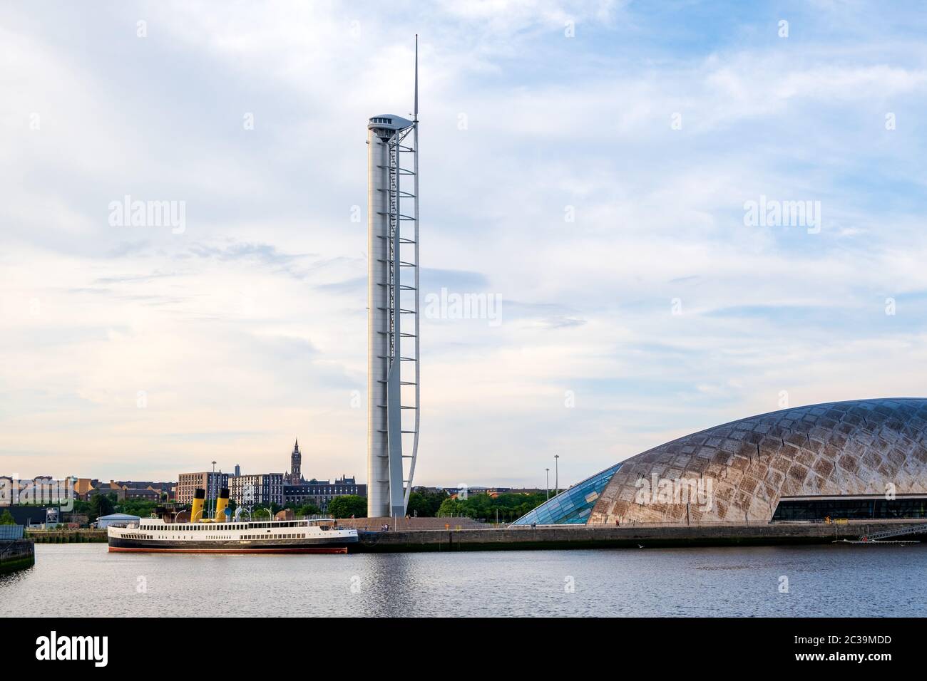 Glasgow Science Centre, Tower, SEC, BBC Pacific Quay and the Queen Mary. Stock Photo