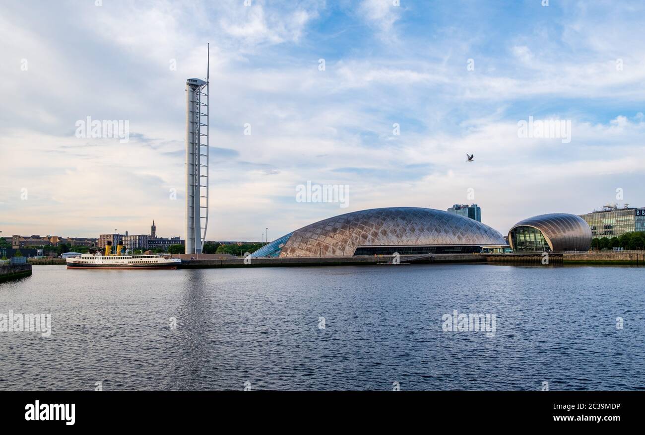 Glasgow Science Centre, Tower, SEC, BBC Pacific Quay and the Queen Mary. Stock Photo