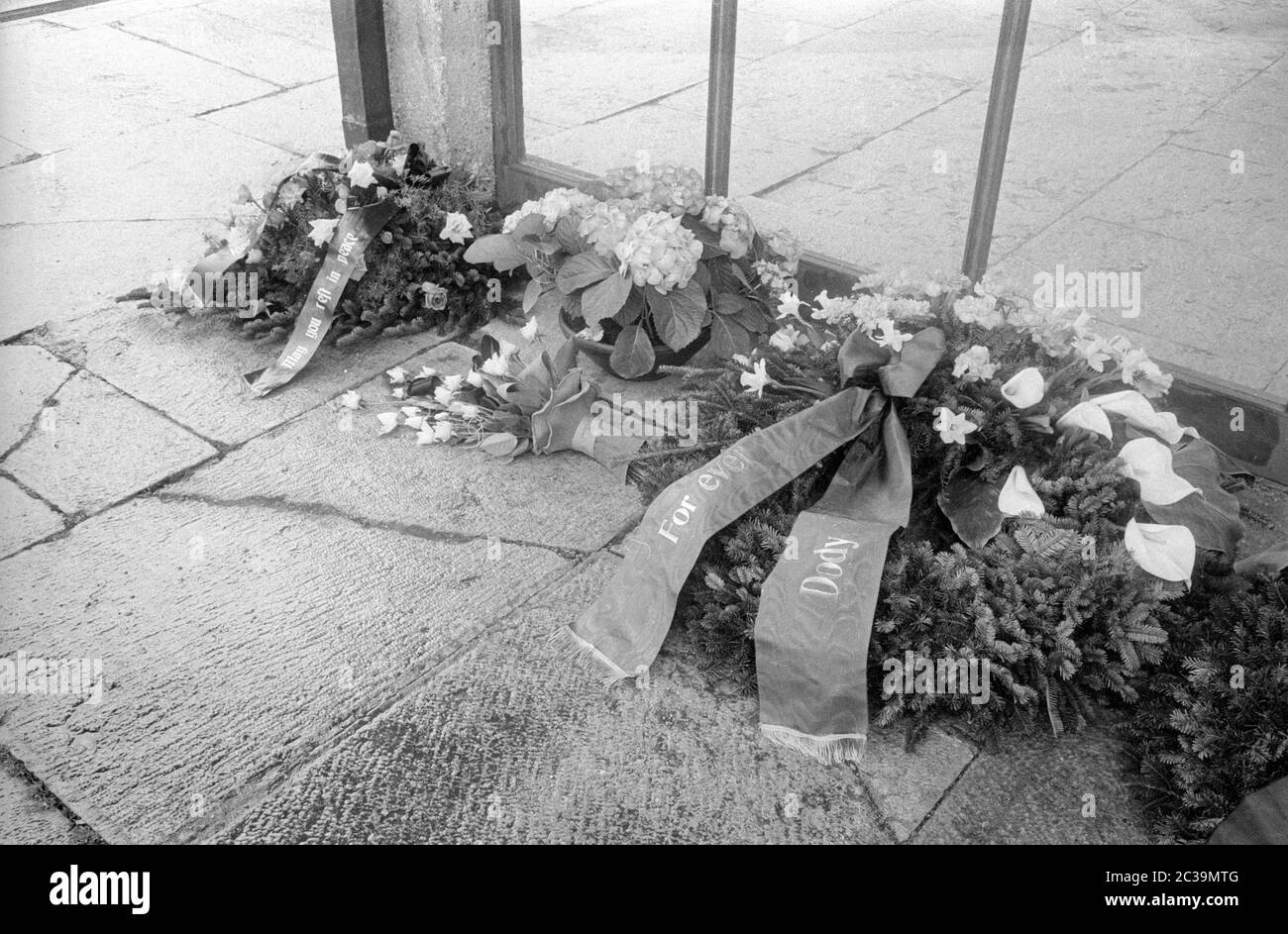 Funeral wreaths on the occasion of the death of Virginia Hill in Salzburg. Her last husband was the Austrian ski racer Johann Hauser and she was known in the USA as a dazzling personality. Stock Photo