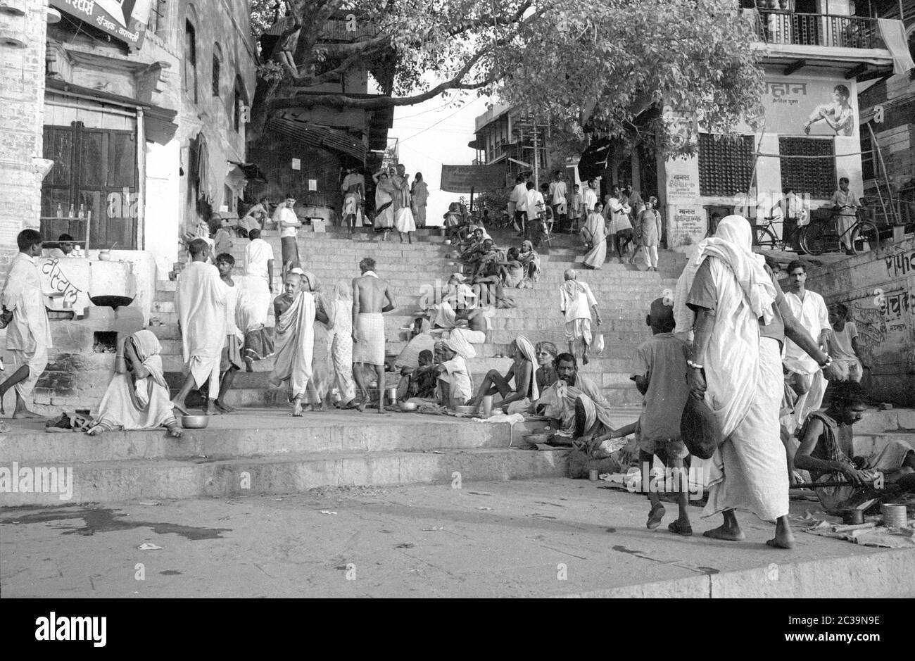 A street scene in the Indian city of Benares on the Ganges, also known as Varanasi or Kashi. Stock Photo