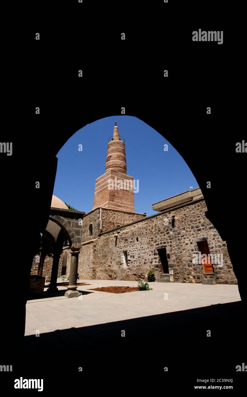 Great Mosque of Cizre (Turkish: Cizre Ulu Camii) is located in the Cizre district of Şırnak Province. The mosque converted into a mosque in 639. Stock Photo