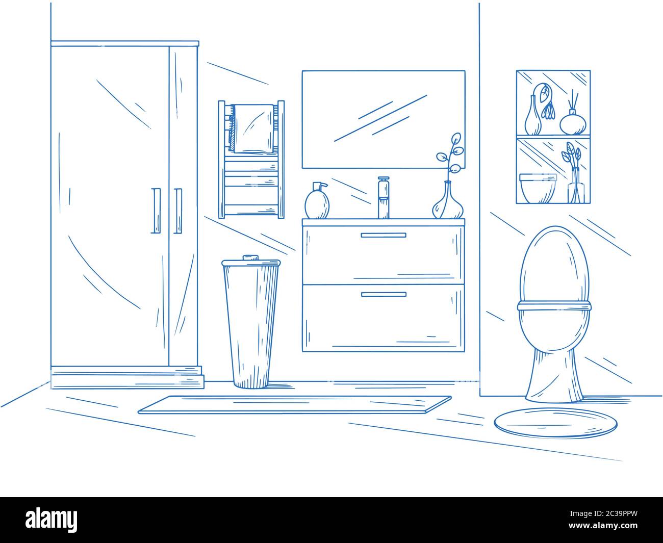 Vector illustration. Linear sketch of an bathroom interior. Interior  design. Modern bathroom furniture design with appliances and decors. Home  Interior Design Software Programs. Stock Vector | Adobe Stock