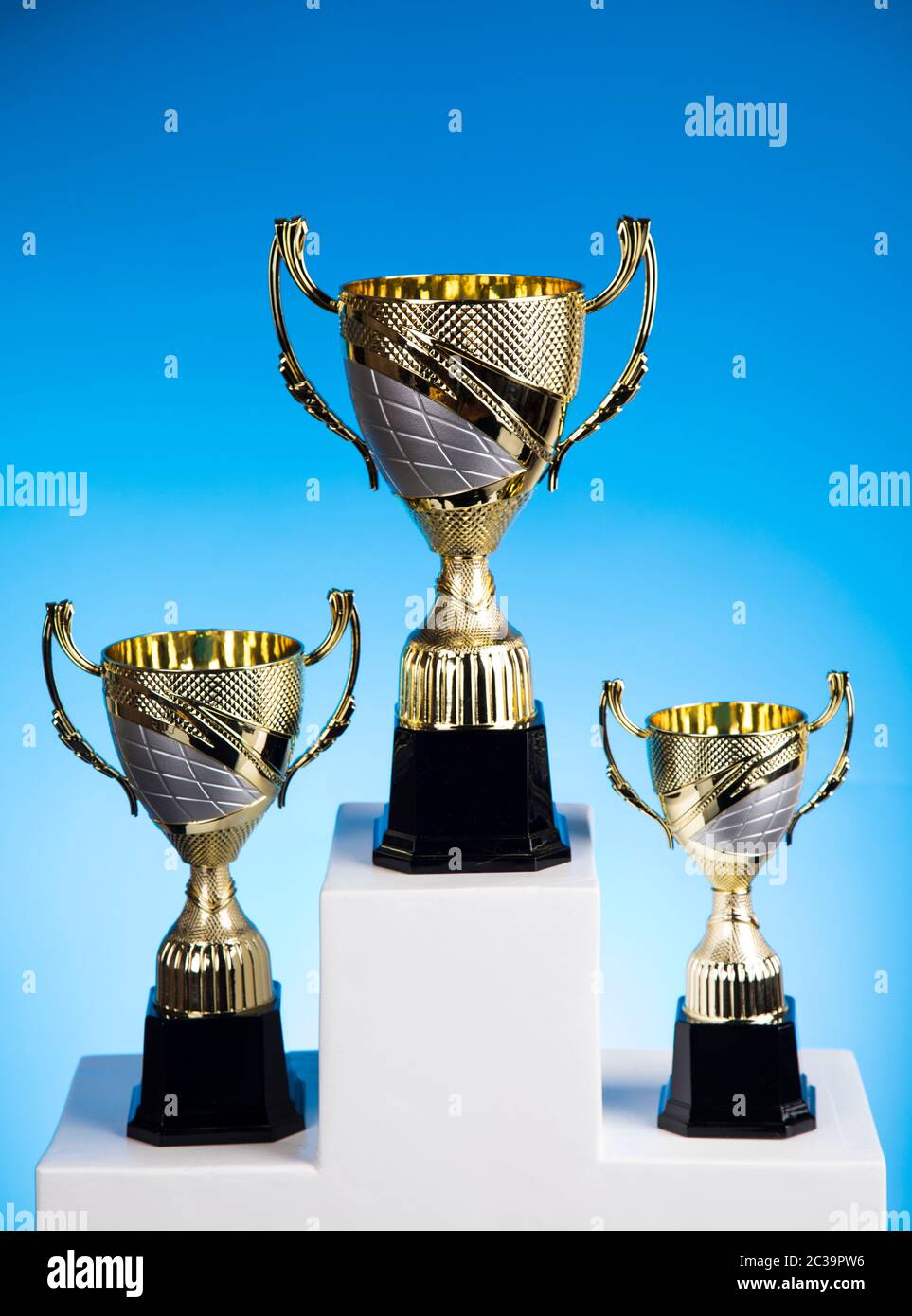 Podium for sports awards, equipment and balls Stock Photo