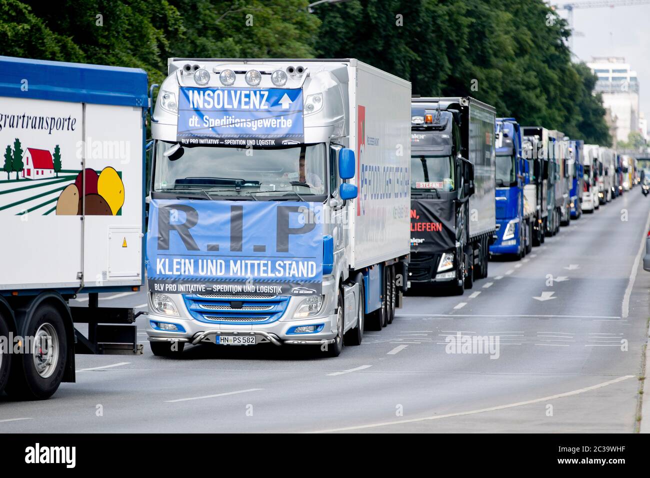 Berlin Germany 19th June 2020 Trucks Drive In A Truck Parade Against Dumping Prices In Transport And Forwarding On The Strasse Des 17 On A Banner You Can Read R I P Rest In