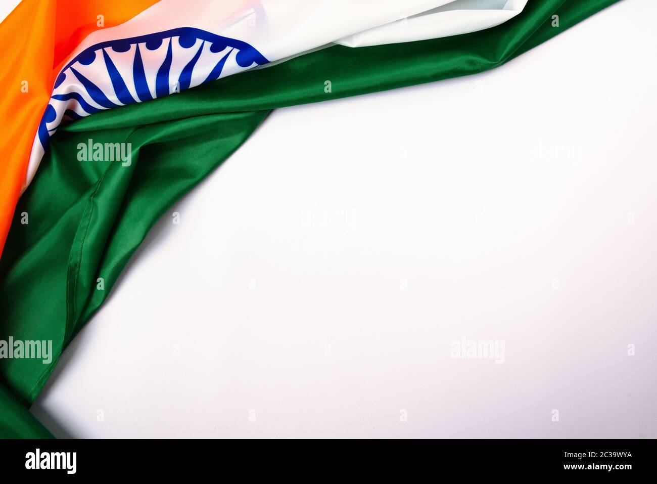 Indian republic day, flat lay top view, Indian tricolor flag on white background with copy space for your text Stock Photo