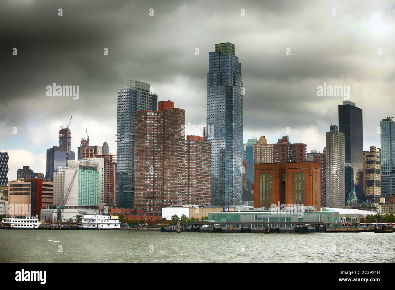 East river water with view of NYC New York City cityscape skyline Stock Photo