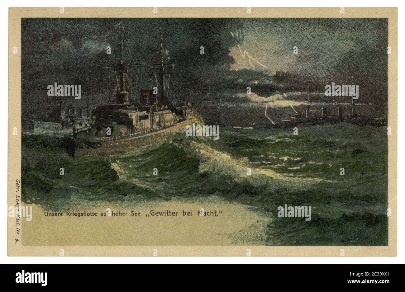 German historical postcard: Our war fleet on the high seas "Thunderstorms at night", Ships in a rough sea. Art color lithograph. German empire. Stock Photo
