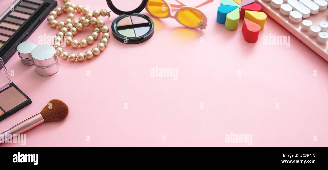Women accessories banner. Fashion, trends and shopping concept. Female  products against pink color background, copy space, closeup view Stock  Photo - Alamy