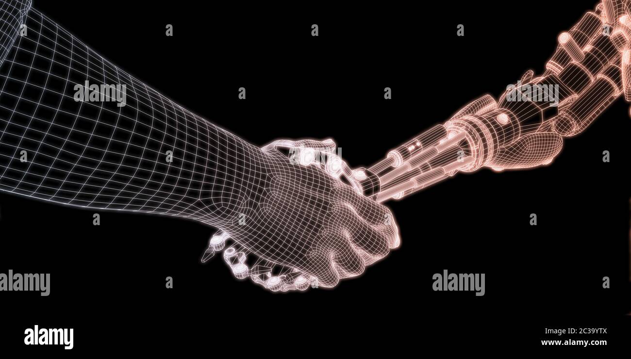 People and Machines Coexisting with Artificial Intelligence Virtual Entity Stock Photo