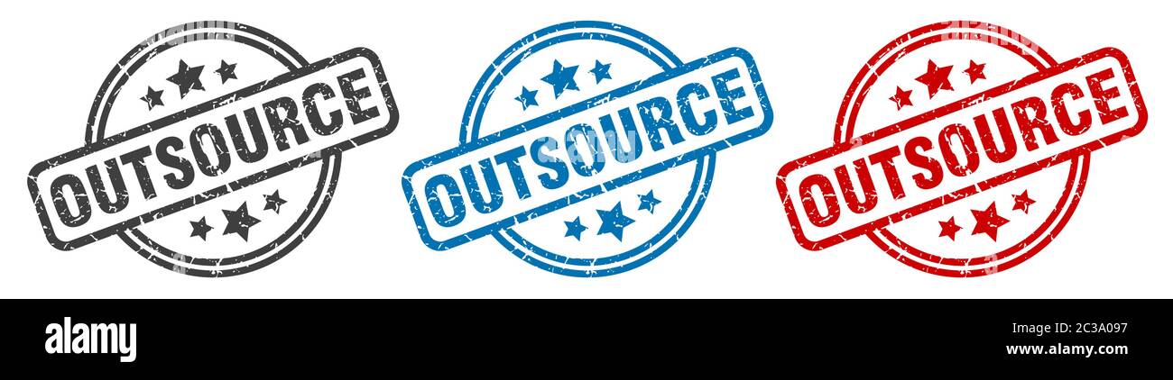 outsource stamp. outsource round isolated sign. outsource label set Stock Vector