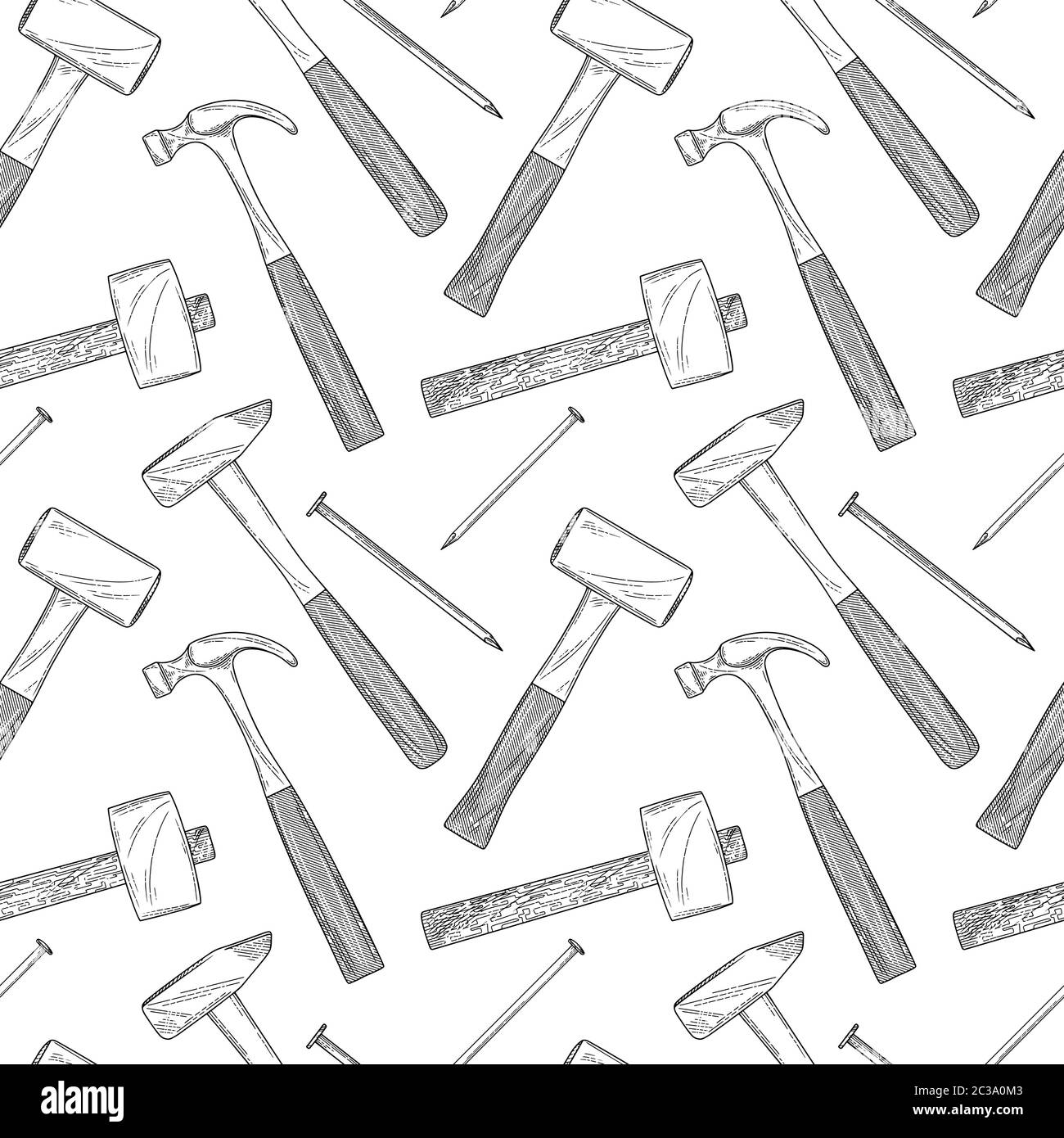 Seamless pattern with different hammers and nails on a white background. Vector illustration in sketch style. Stock Vector