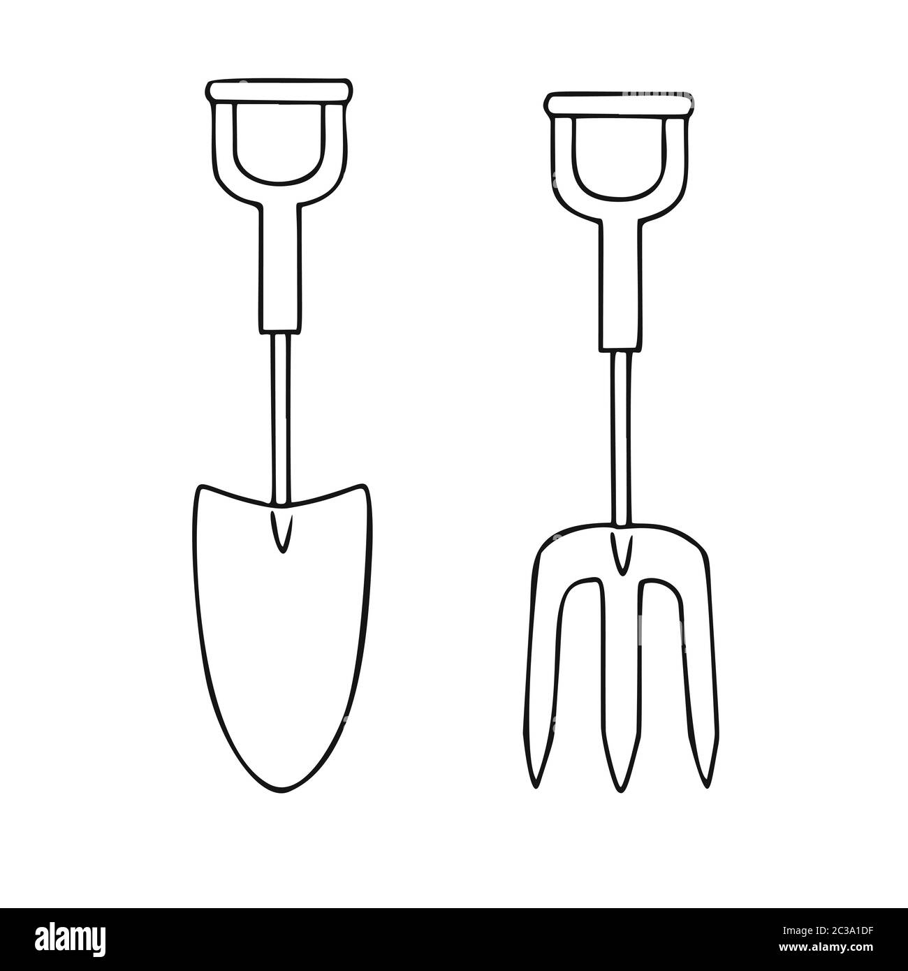 Set of different garden tools. Shovel rake pitchfork spade