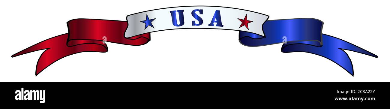 A red white and blue satin or silk ribbon banner with the text USA and stars Stock Photo