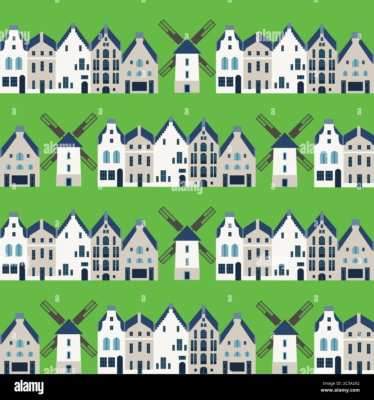 Traditional dutch houses and mills - seamless vector pattern with Stock Vector