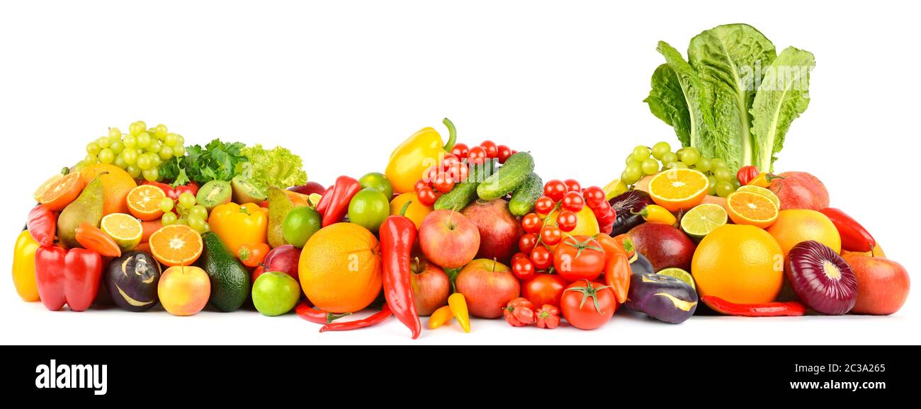 Panorama of fresh vegetables and fruits isolated on white background. Side view. Stock Photo