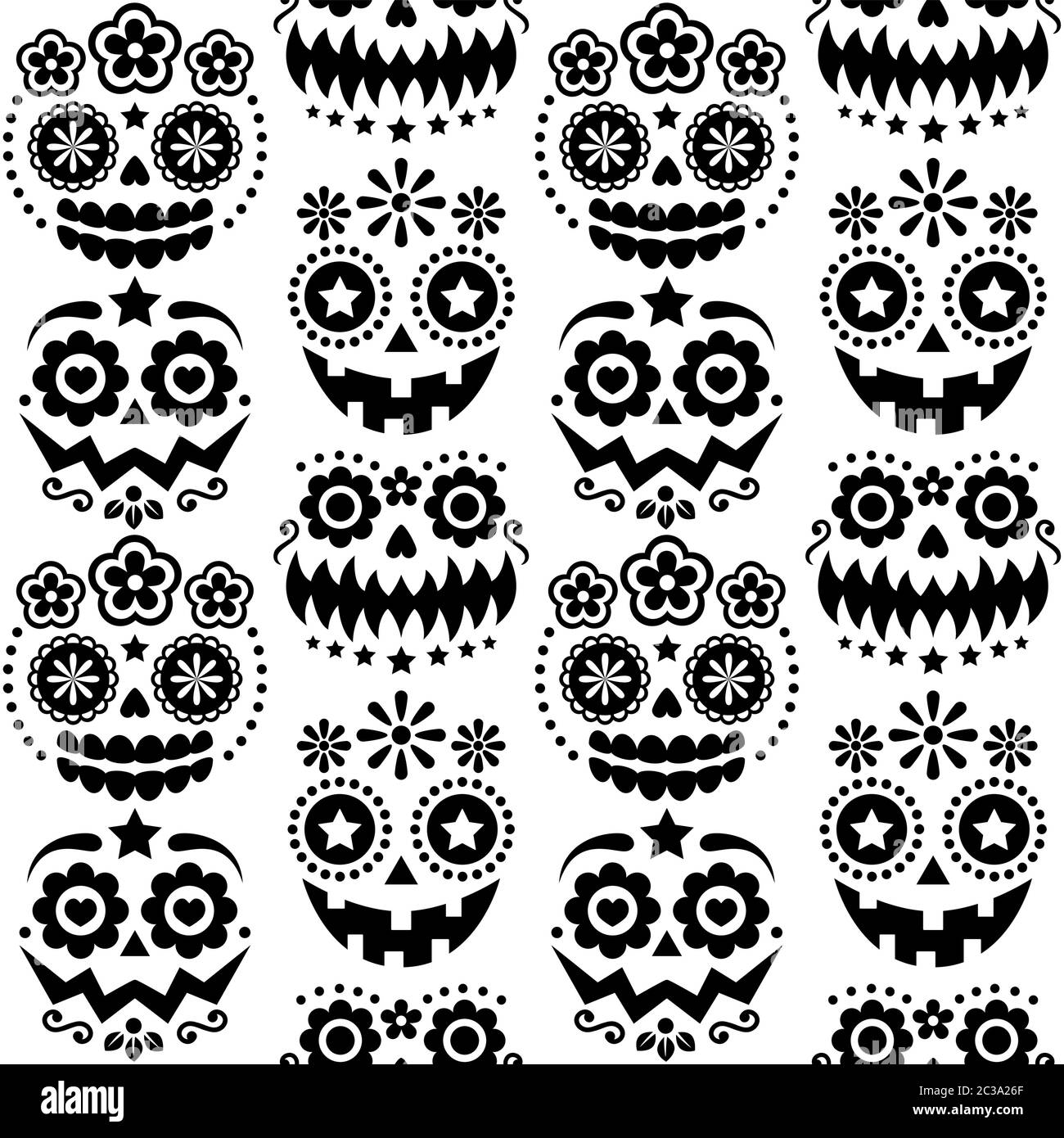 Halloween and Dia de los Muertos skulls and pumpkin faces vector seamless pattern - Mexican sugar skull style texile design Stock Vector