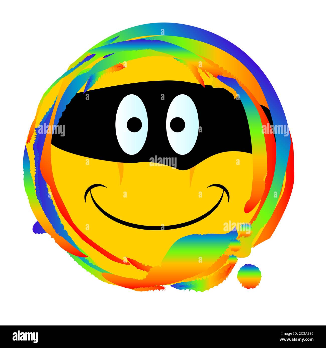 Emoji smiley face with a bandit mask web button set on a rainbow Stock Photo