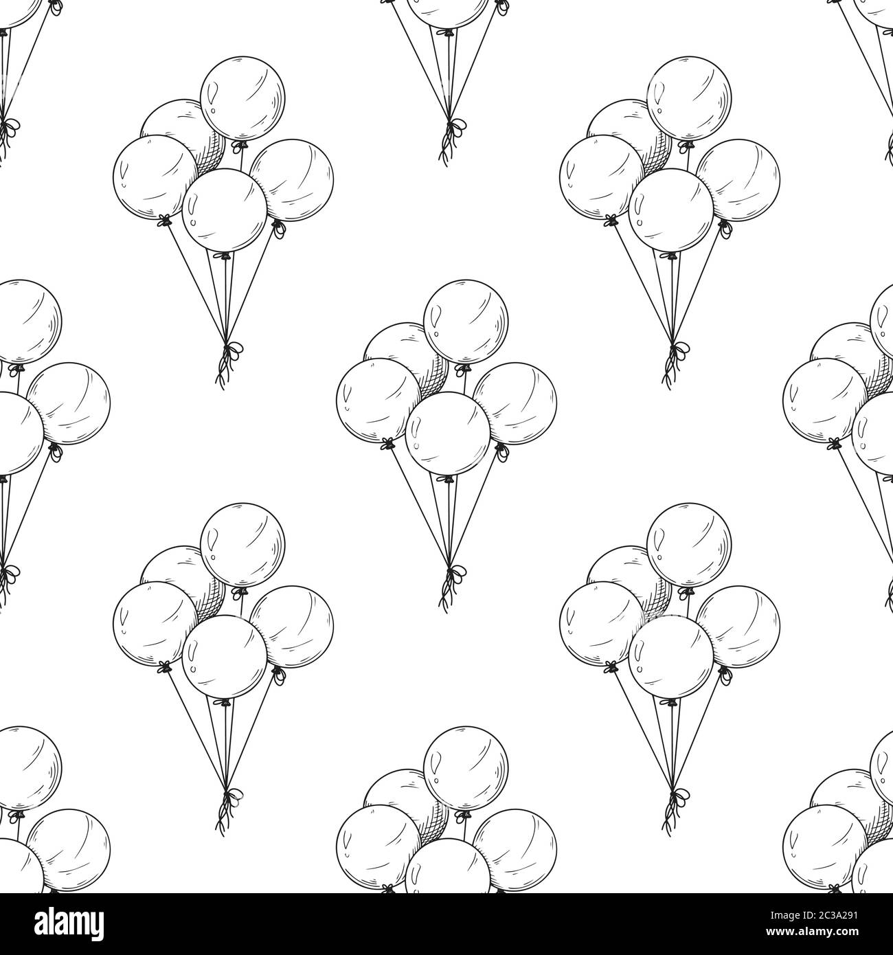 Seamless pattern. Different balloons. Inflatable balls on a string. Vector illustration in sketch style Stock Vector
