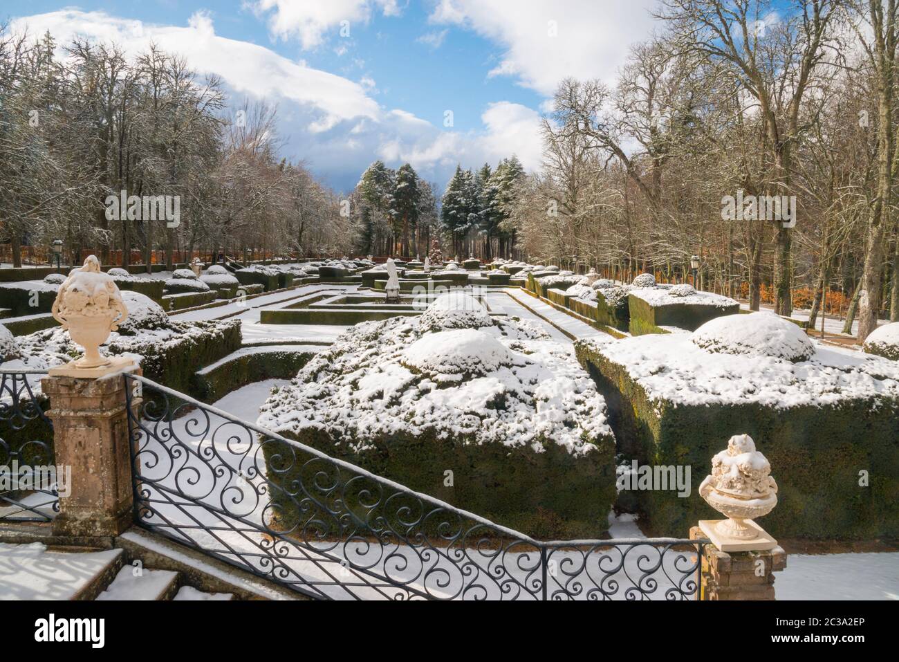 Snow covered gardens. La Granja de San Ildefonso, Segovia province, Castilla Leon, Spain. Stock Photo