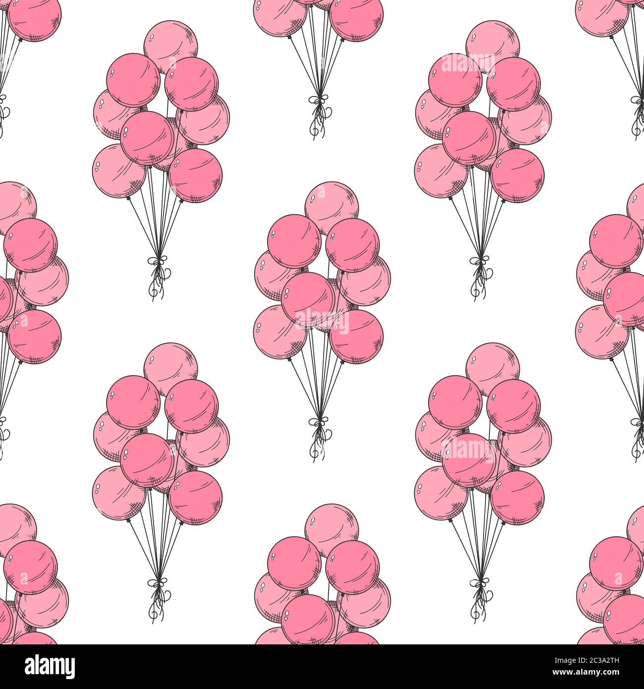 Seamless pattern. Different balloons. Inflatable balls on a string. Vector illustration in sketch style Stock Vector