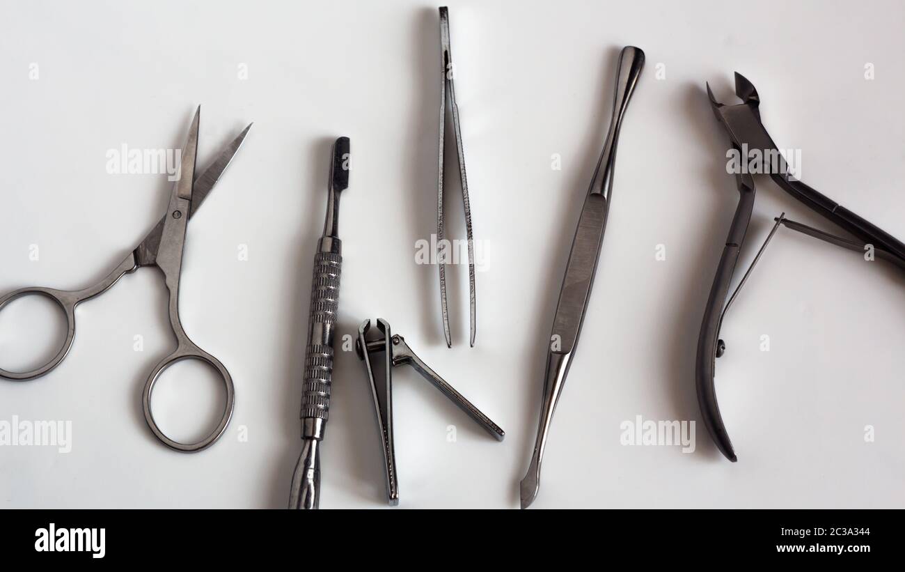 Manicure and pedicure tools on white background, isolated.Equipment for ...