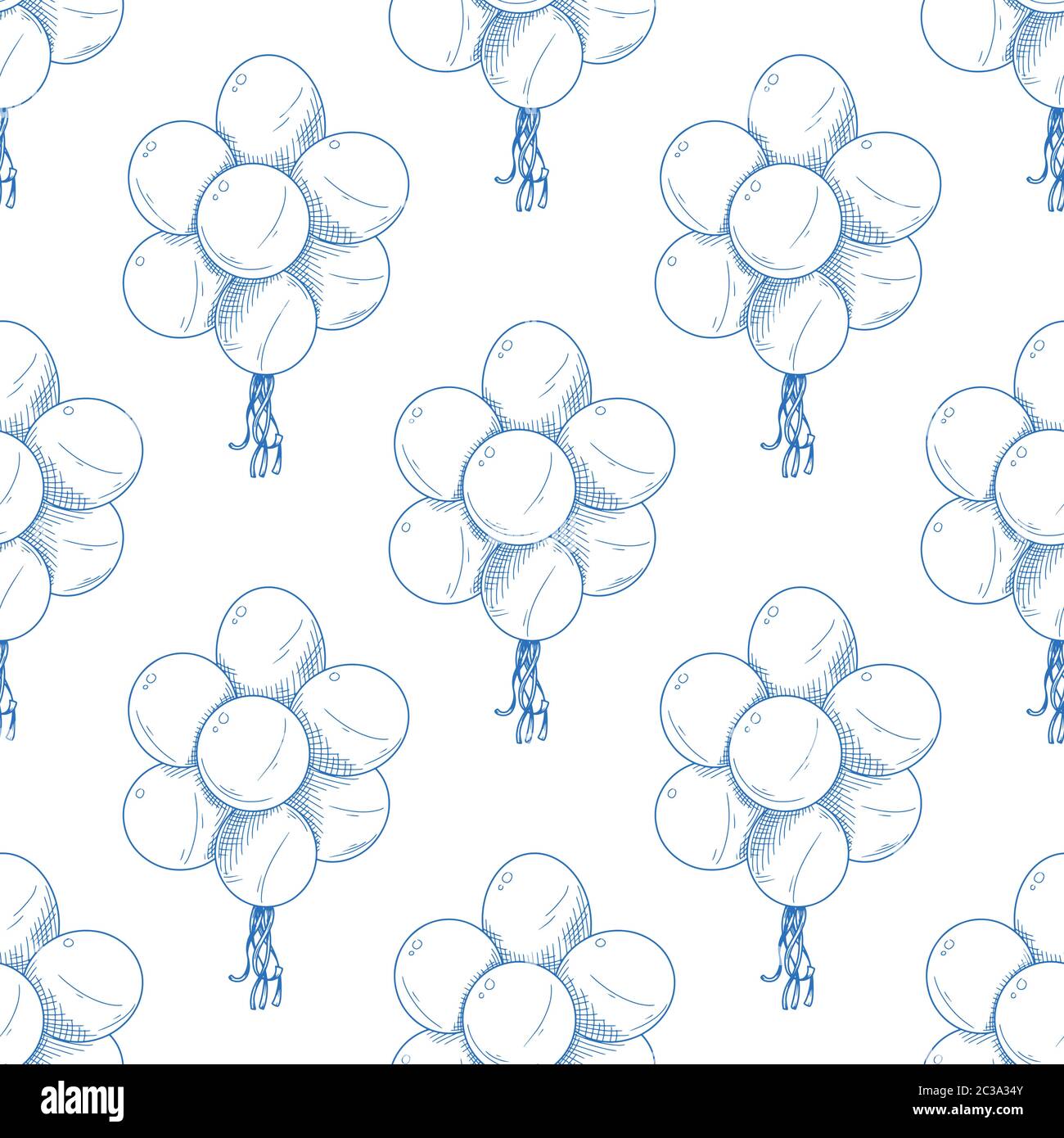 Seamless pattern. Different balloons. Inflatable balls on a string. Vector illustration in sketch style Stock Vector