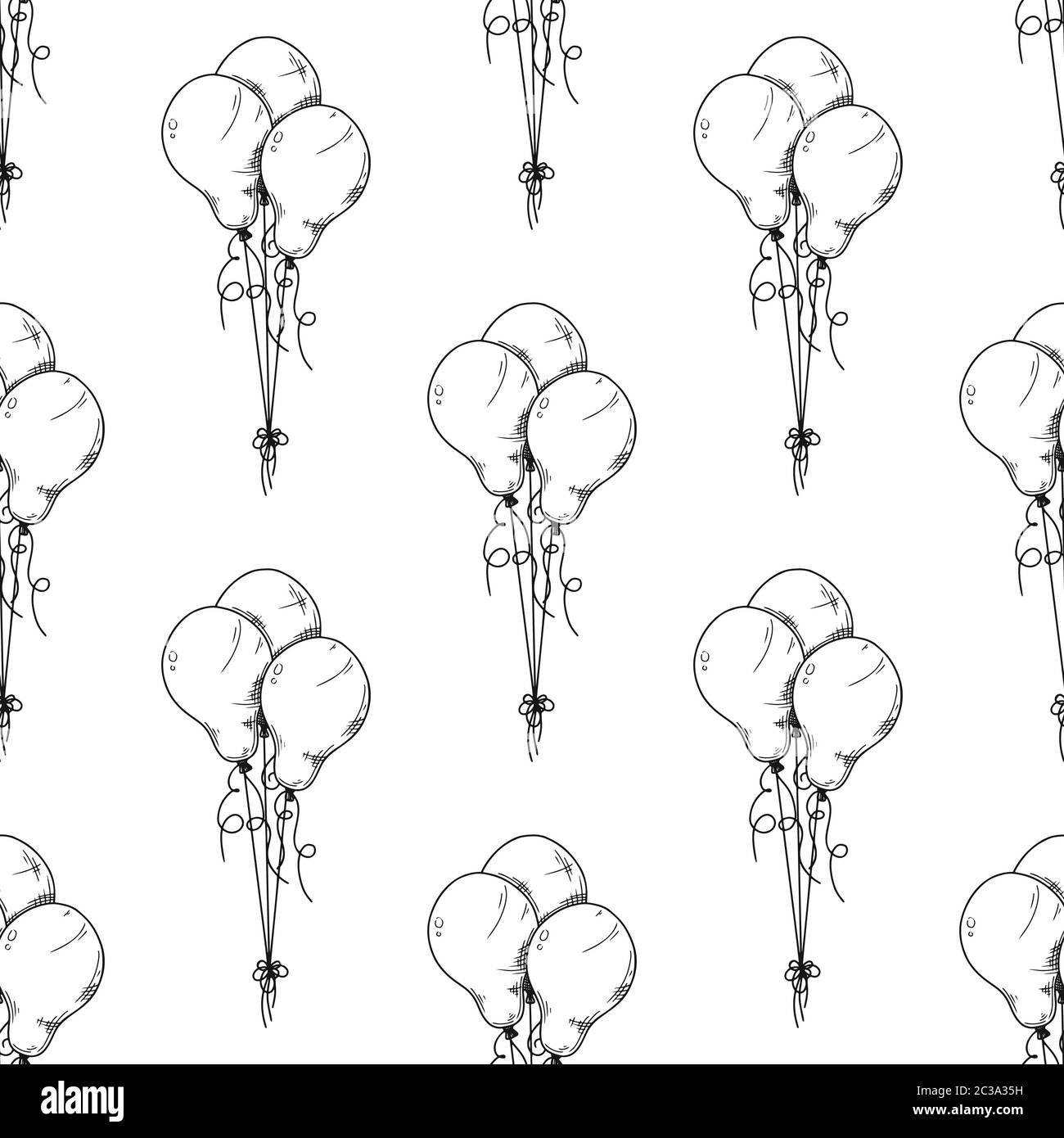 Seamless pattern. Different balloons. Inflatable balls on a string. Vector illustration in sketch style Stock Vector