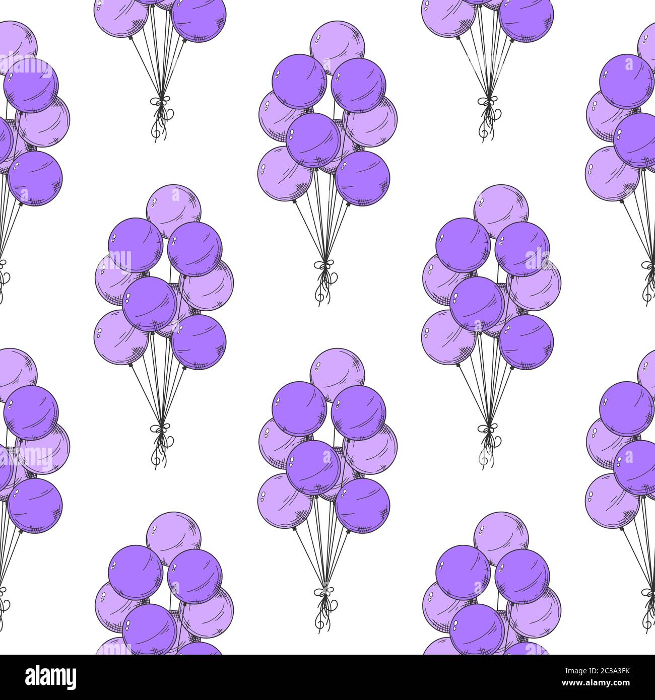 Seamless pattern. Different balloons. Inflatable balls on a string. Vector illustration in sketch style Stock Vector