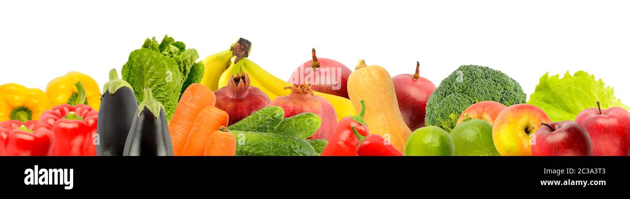 Collage of vegetables and fruits close-up isolated on white background. Copy space for text Stock Photo