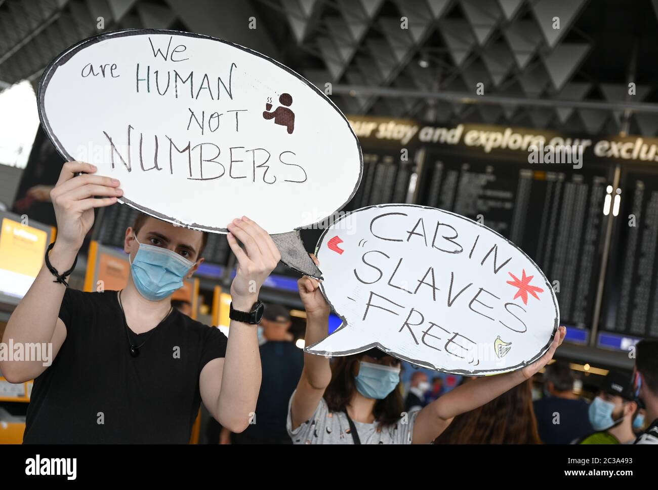 19 June 2020 Hessen Frankfurt Main Employees Of Malta Air Ryanair Hold Posters With The Words We Are Human Not Numbers And Cabin Slaves Free During A Protest Action By Air Traffic Employees