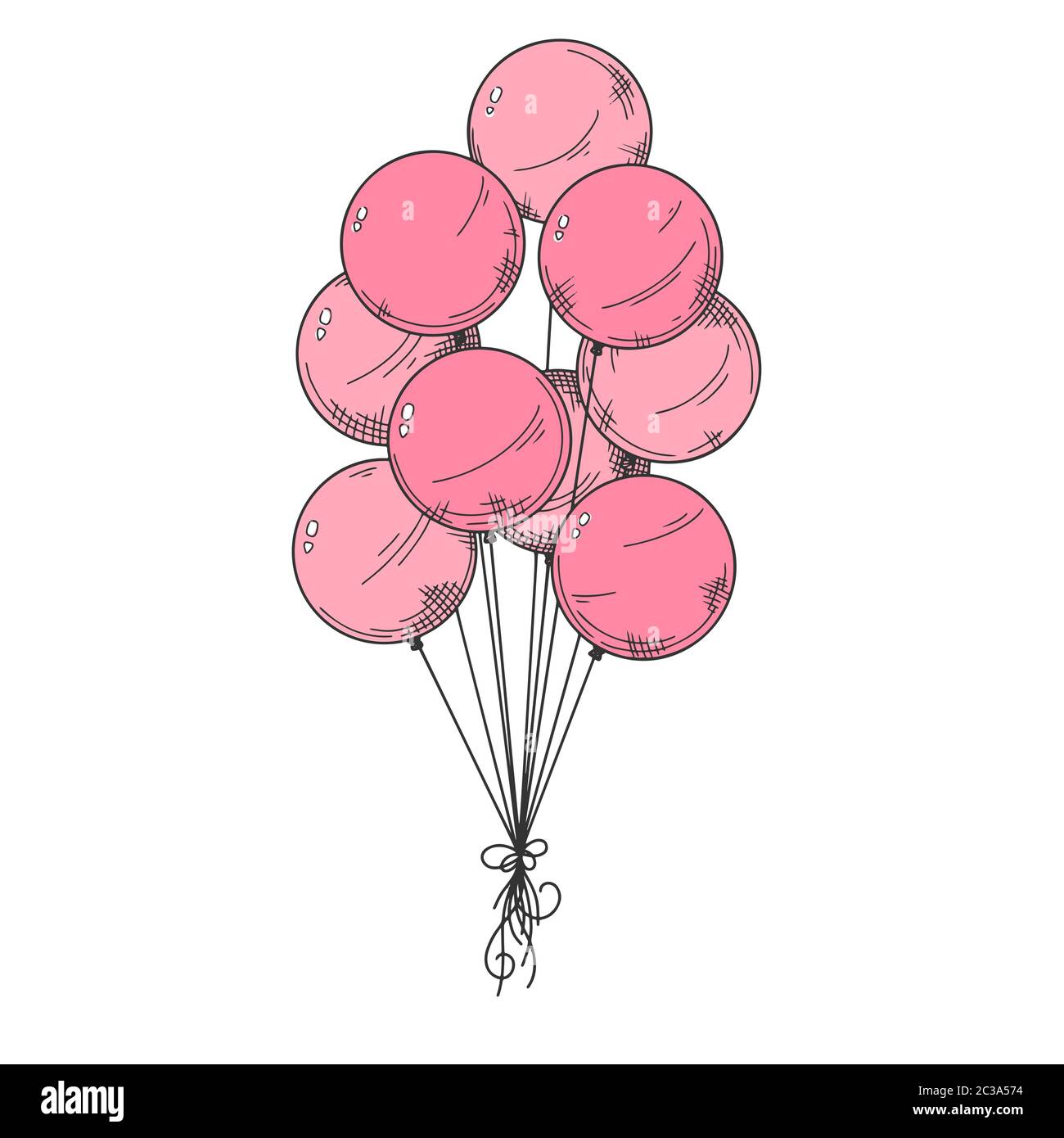 Different balloons. Inflatable balls on a string. Vector illustration in sketch style Stock Vector