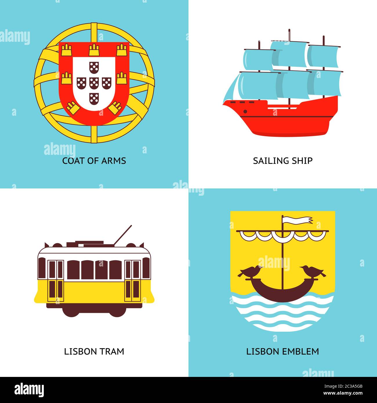 Collection of Portugal icons in flat style. Traditional symbols set including Portuguese coat of arms, sailing ship, Lisbon tram and Lisbon emblem. Stock Vector