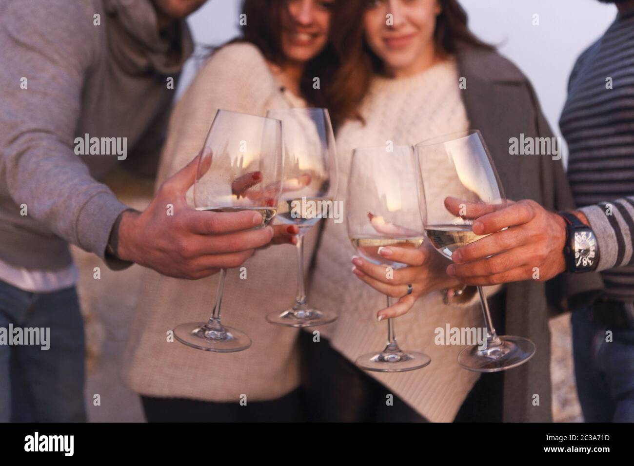 Happy friends celebrating special occasion together on beach at weekend