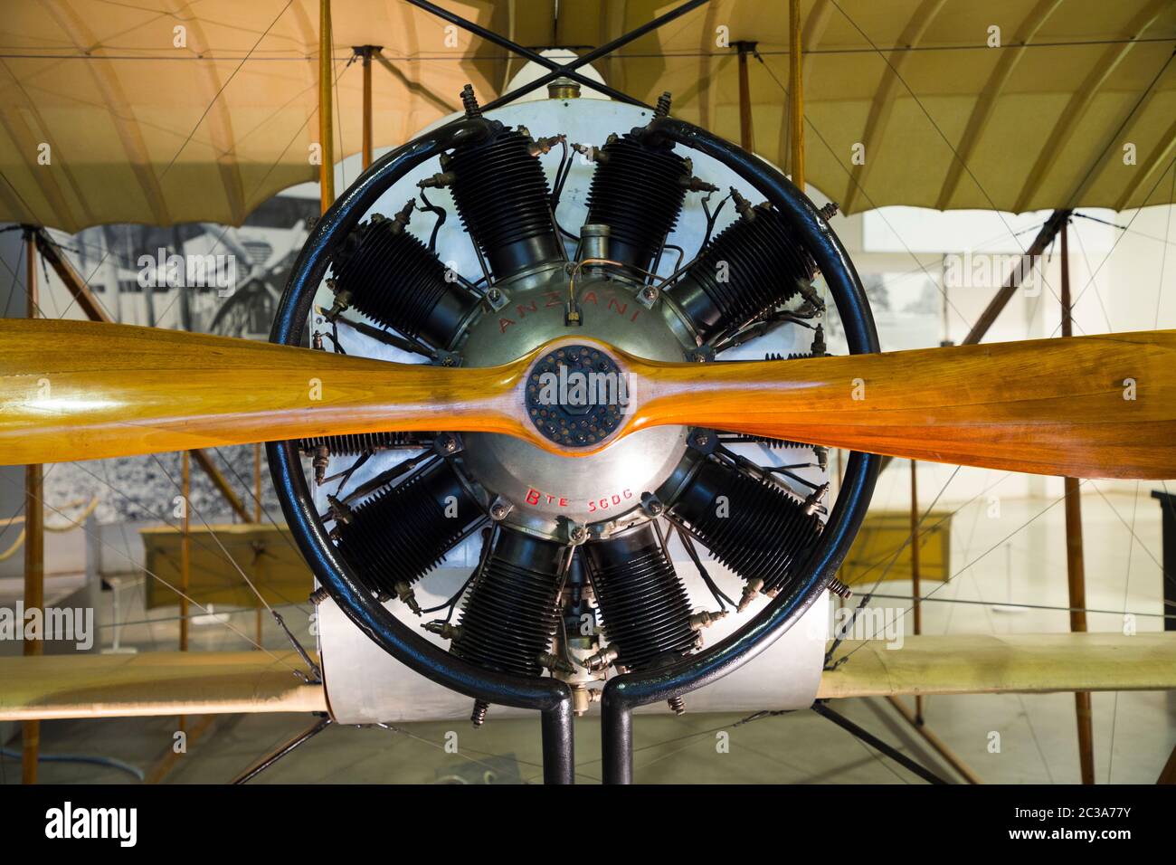 Caudron G.3 Biplane, powered by The Anzani 10, a 10 cylinder air-cooled radial aircraft engine / rotary engine. The French plane flew from 1914 during the First World War and afterwards, and is on show exhibit at the RAF Royal air force Museum, Hendon, London UK (117) Stock Photo