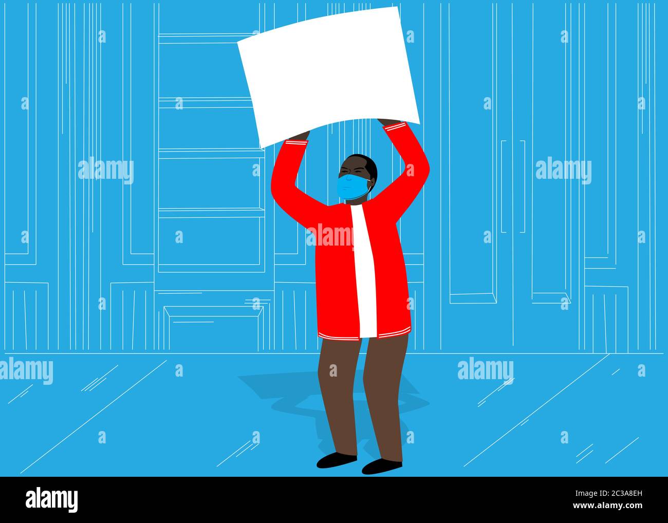 Cartoon Black man protesting with white cardboard wearing medical mask. Protester standing in front of a public building holding blank poster. Flat ve Stock Vector
