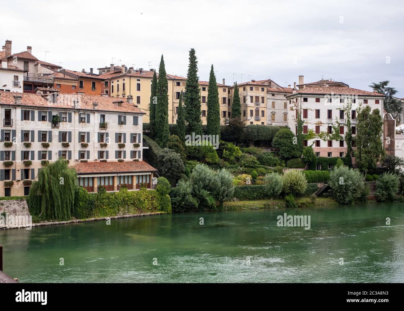 Colorful Houses and Brenta river in Bassano del Grappa. Italy Stock
