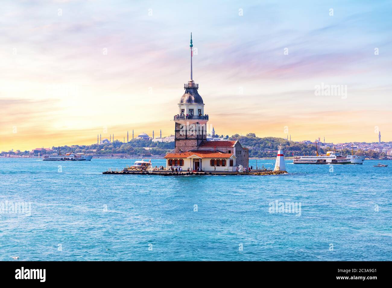 Maiden's Tower at sunrise, the Bosphorus straight, Istanbul, Turkey. Stock Photo